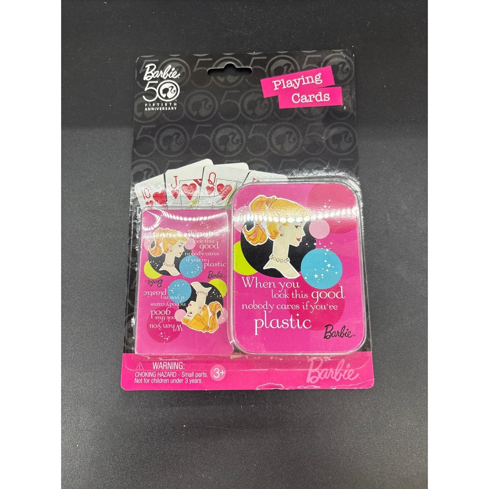 Barbie 50th Anniversary Playing Cards in Tin Vandor 2008 Pink Plastic Quote NEW